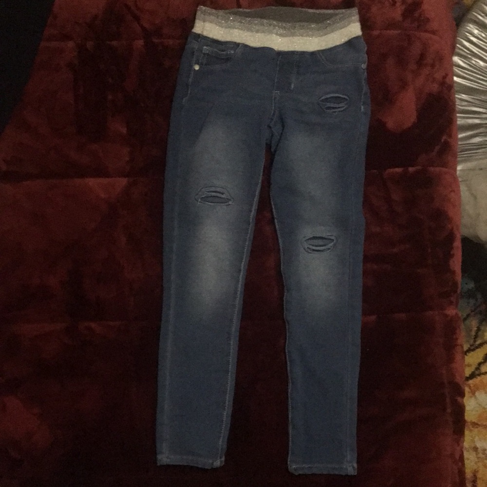 (3 items) Girls bundle: 2 jeggings with sparkly waist bands and size 2 Skechers
